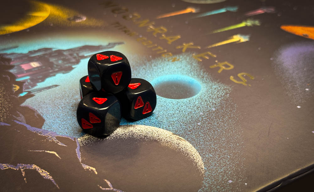 Moonrakers board game review showing deck building cards, contract missions, and player boards with ship upgrades in a space mercenary setting