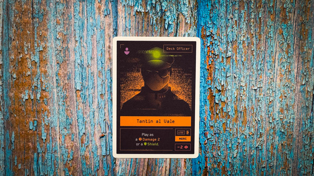 Moonrakers board game review showing deck building cards, contract missions, and player boards with ship upgrades in a space mercenary setting