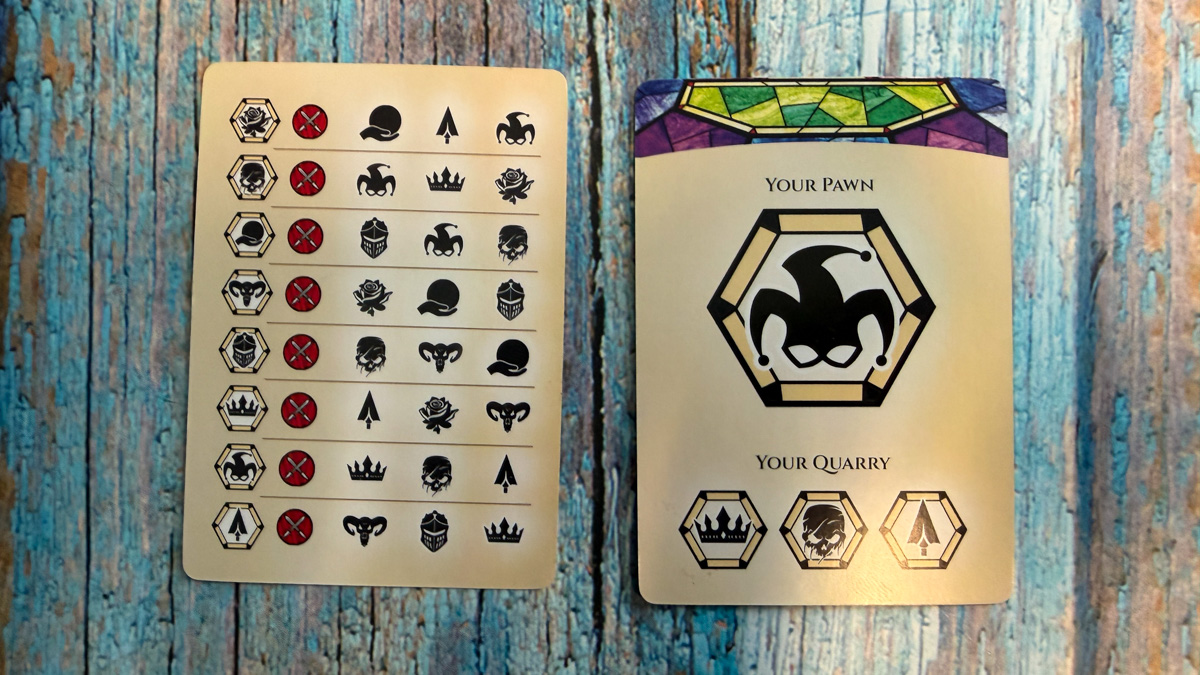 Enthrone — Identity and Deduction Cards Enthrone identity card showing Your Pawn and Your Quarry with deduction reference sheet