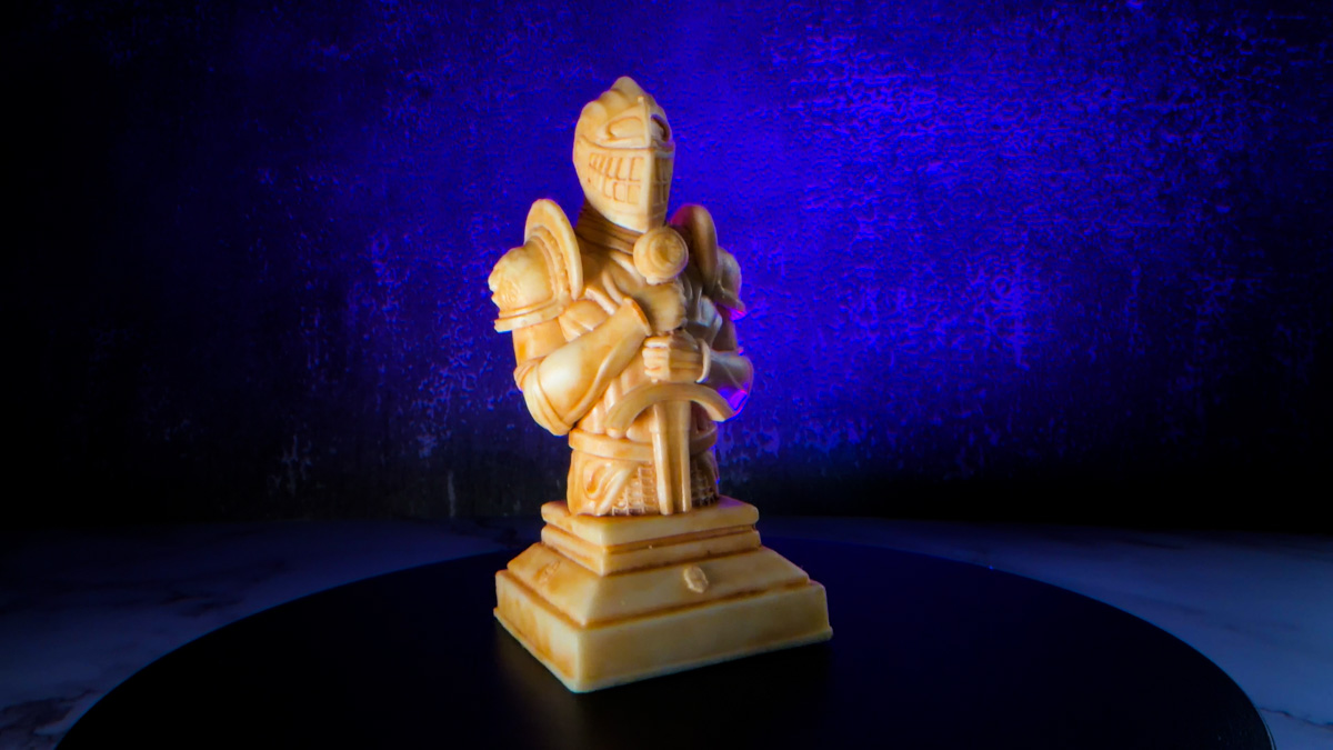 Enthrone — Knight Hero Shot Enthrone board game knight figure close-up by Smirk and Dagger dramatic hero shot