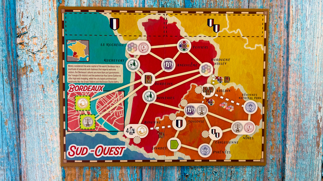 Let's Go to France — Player Board Let's Go to France activity cards and player board showing six-day itinerary layout