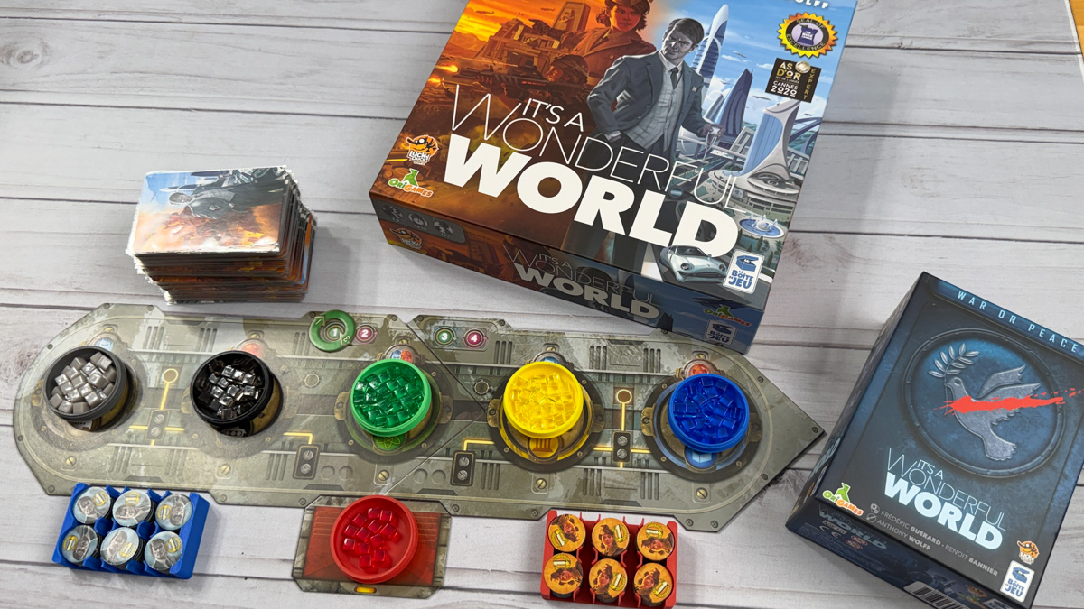 #1 — It's a Wonderful World It's a Wonderful World engine building game box resource cubes and cards by Lucky Duck Games
