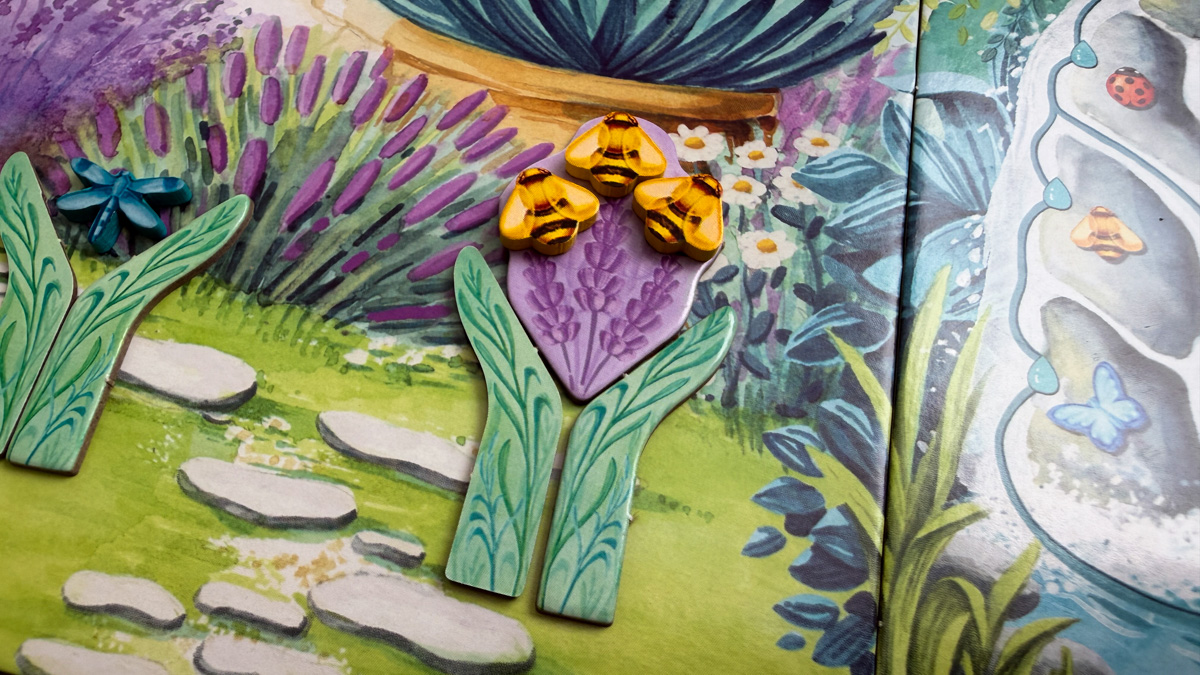 The central game board for Pergola, showing the tool drafting area and waterfall cascade.