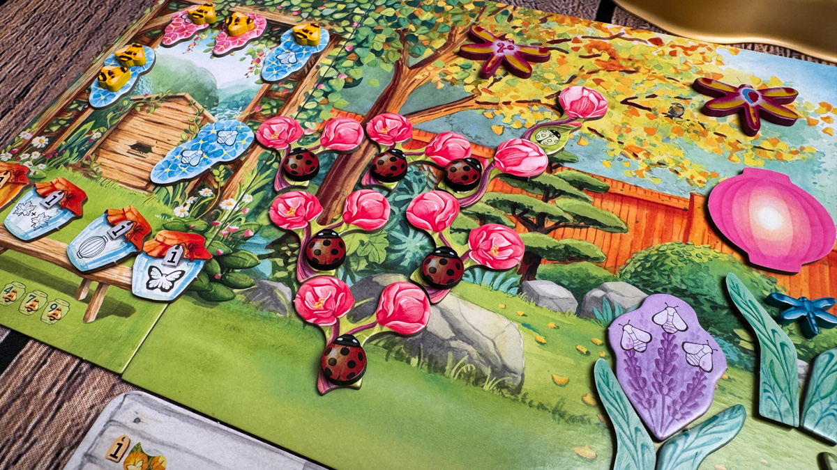 A game of Pergola in progress, showing multiple player boards and components.